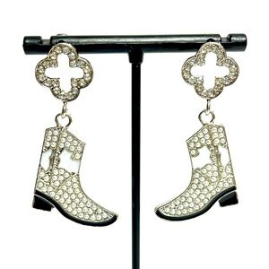 Earrings, NIP, Silvery Boot Dangle Earrings, enhanced cream beads & rhinestones